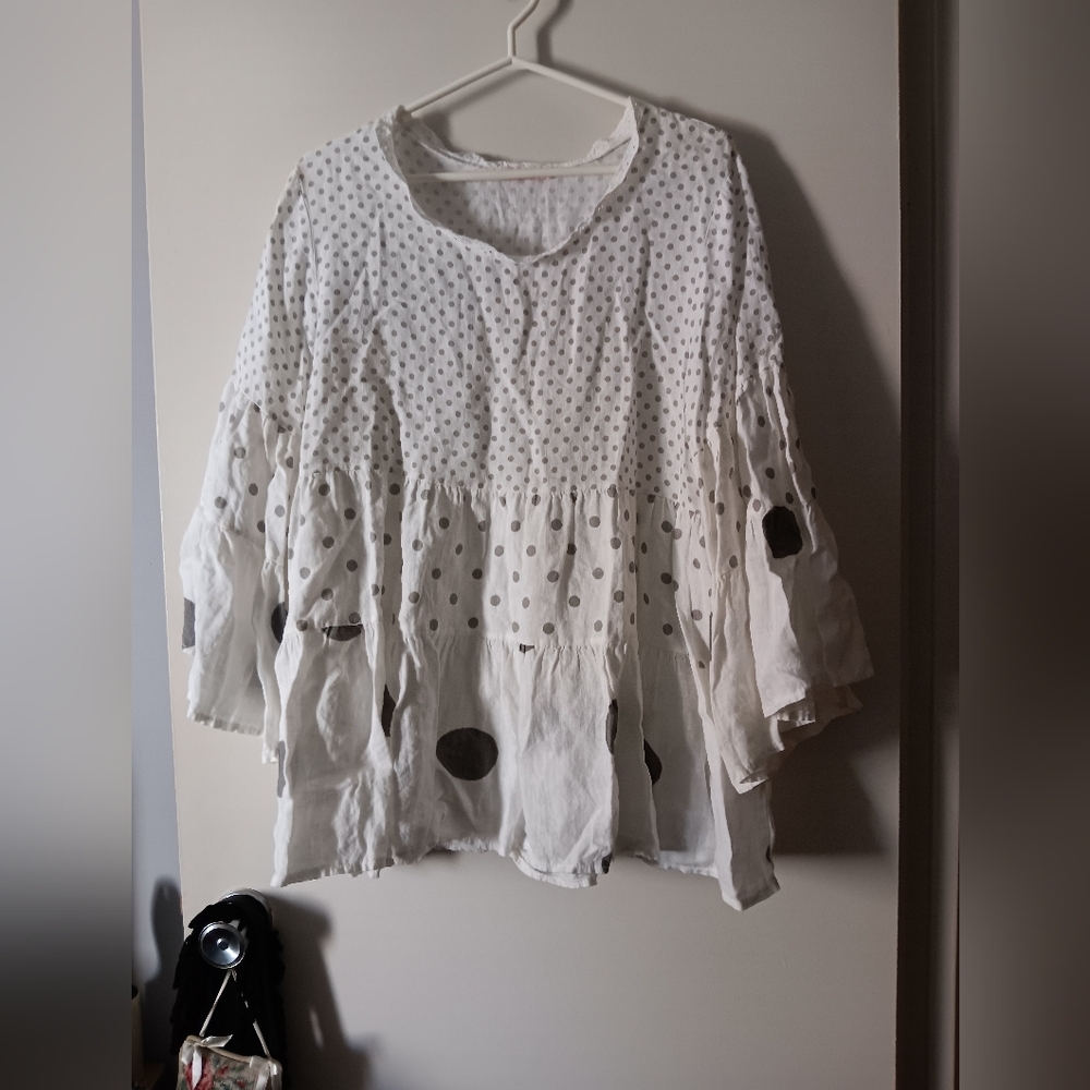 TALIA BENSON White + Grey Polka Dot Bell Sleeve Blouse XL
